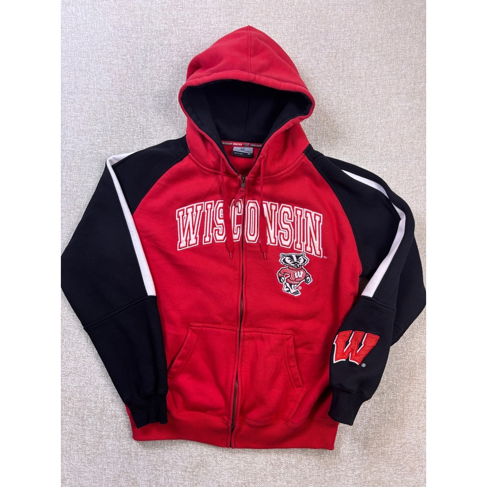 Colosseum Wisconsin Badgers Hoodie Mens XL Red Black Full Zip Bucky Badger NCAA